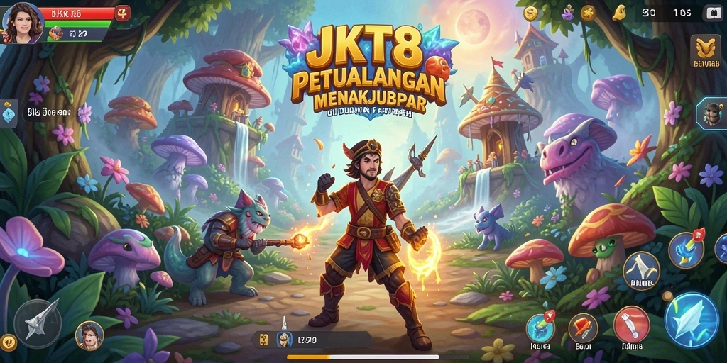 Tampilan gameplay JKT8 dengan petualangan seru di latar belakang.