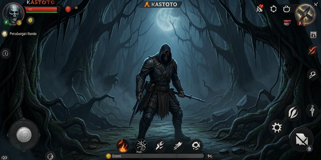 Tangkapan layar gameplay KASTOTO menunjukkan suasana mencekam dan elemen horror.