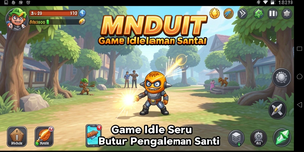 Screenshot gameplay MNDUIT menampilkan karakter yang aktif mengumpulkan sumber daya.