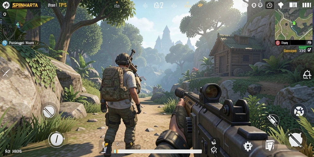 Screenshot utama SPINHARTA menampilkan aksi gameplay TPS yang seru.